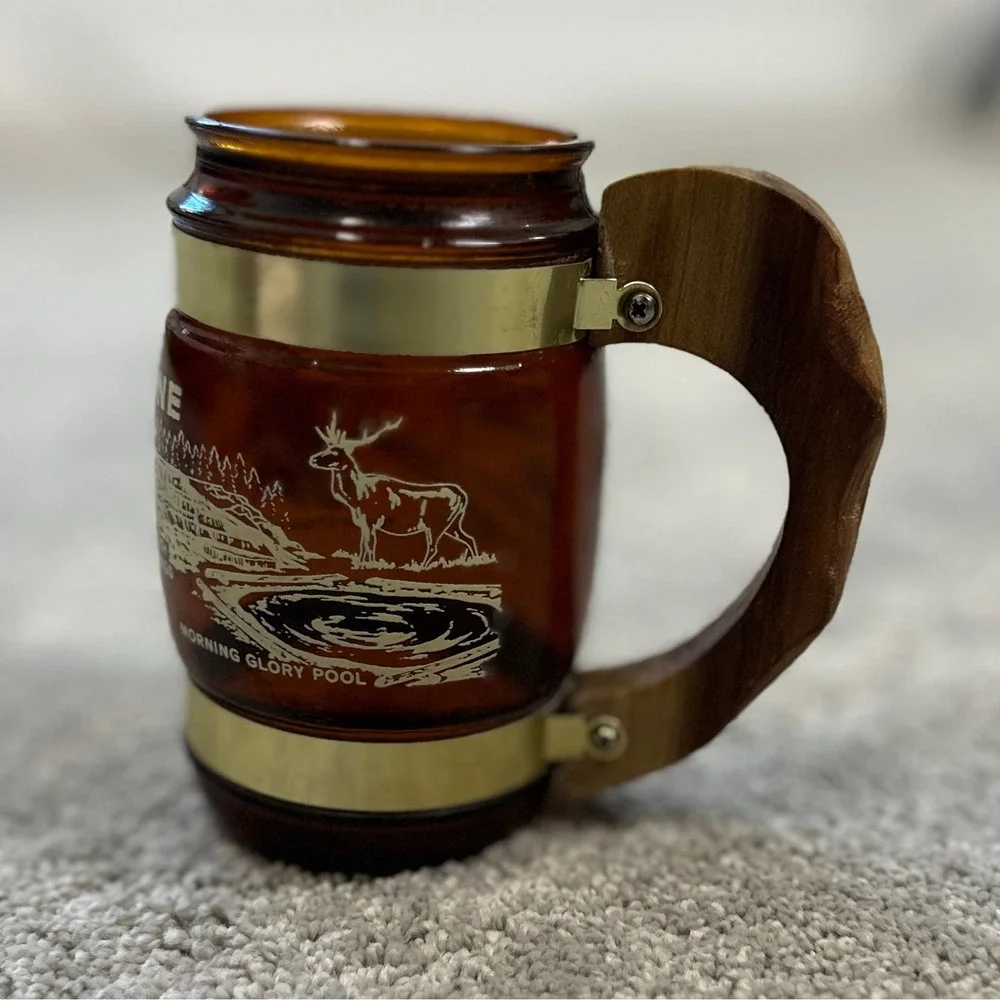 Vintage Siesta Ware Yellowstone National Park Amber Mug Wooden Handle Brass Band